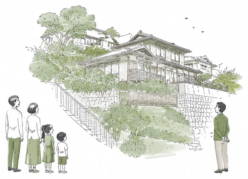 線画：傾斜地に建つ築年数の古い戸建てを、次の所有者へ託す様子