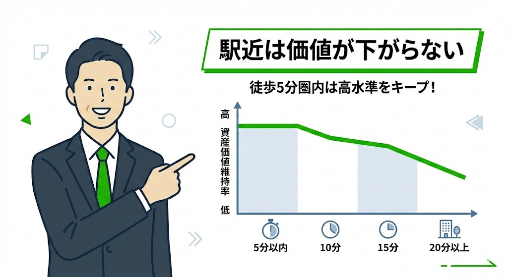 吉塚駅からの徒歩分数とマンション資産価値維持率の相関グラフ