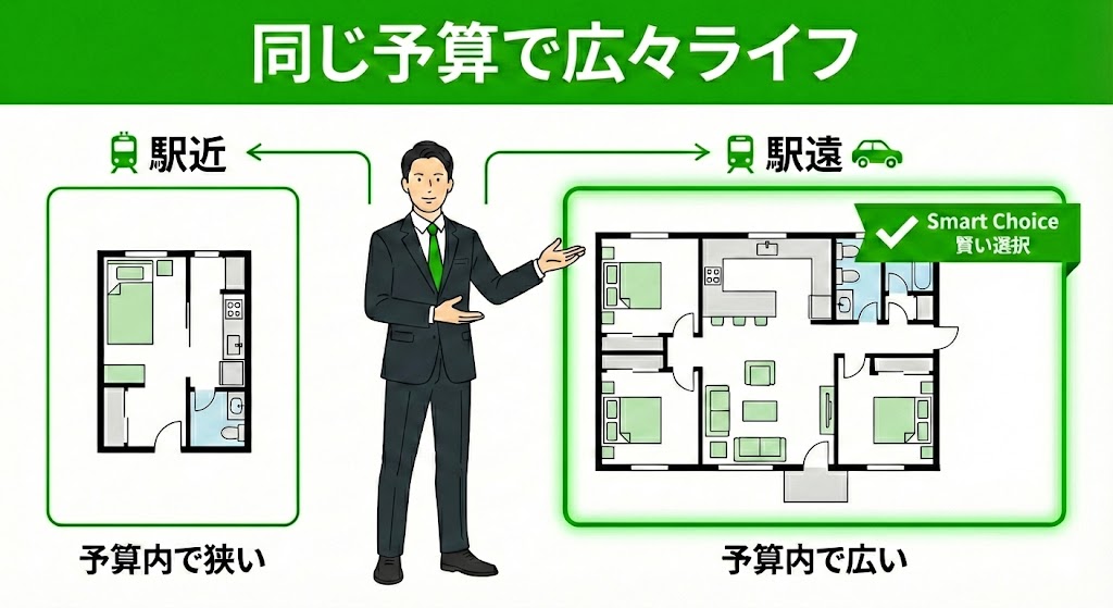 駅近の狭いマンションと駅遠の広いマンションの比較イラスト