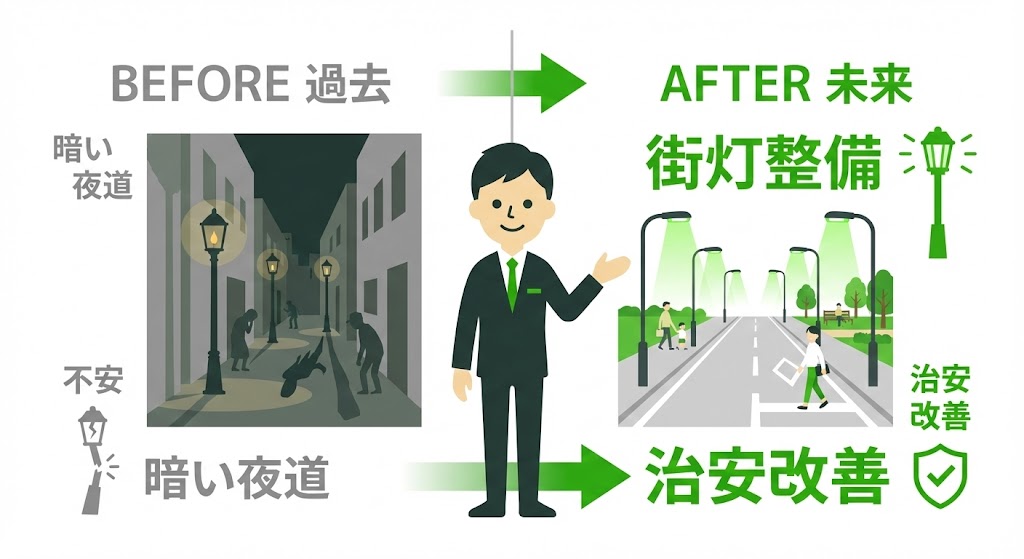 昔の暗いイメージと、現在の明るく整備された千代の街並みの比較イラスト。
