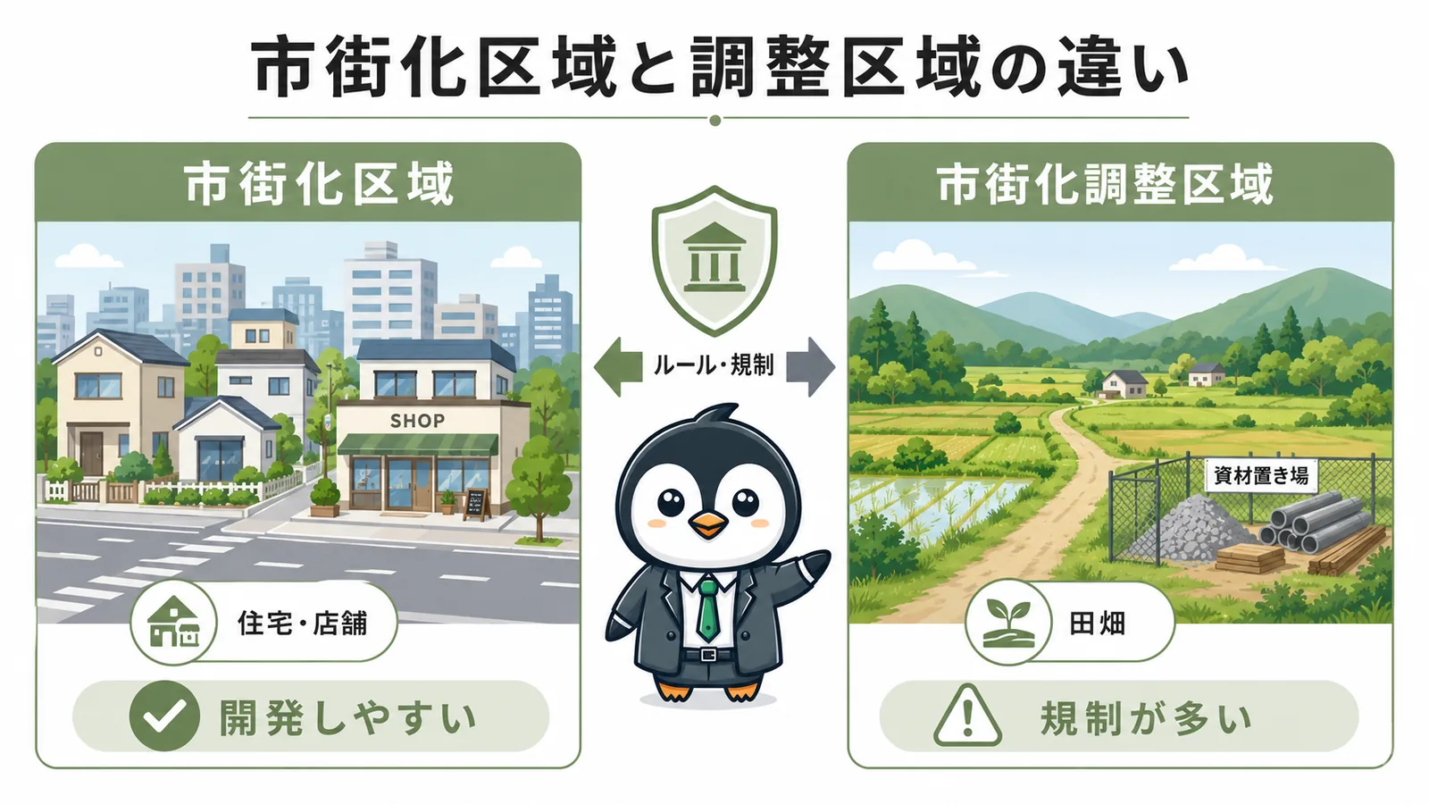 福岡市周辺における市街化区域と市街化調整区域の制限の違いを説明した図