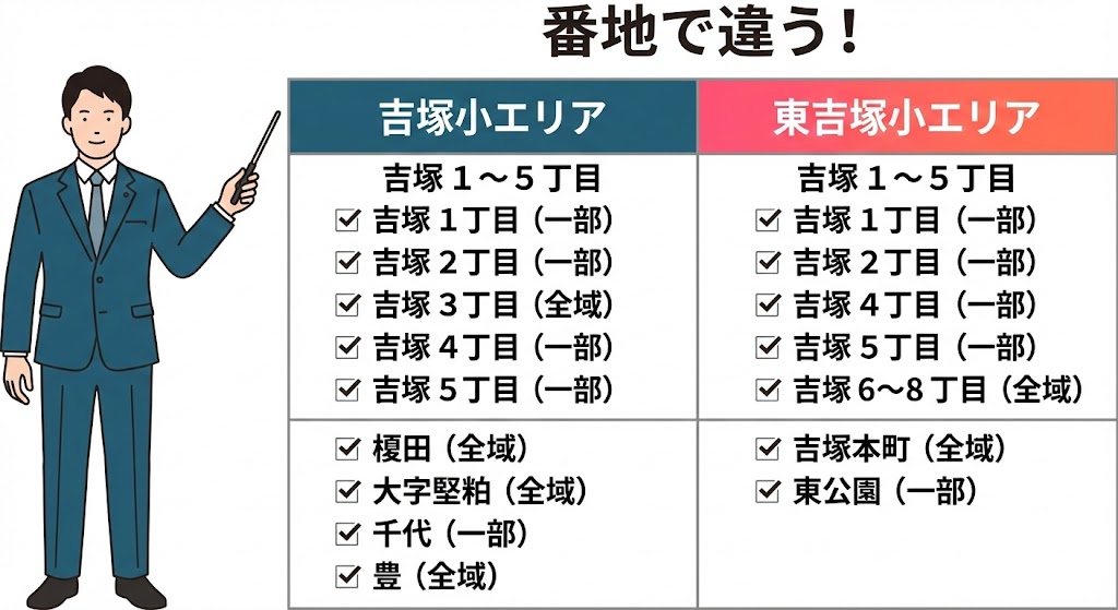 吉塚小と東吉塚小の通学区域詳細マップ(番地による区分け)