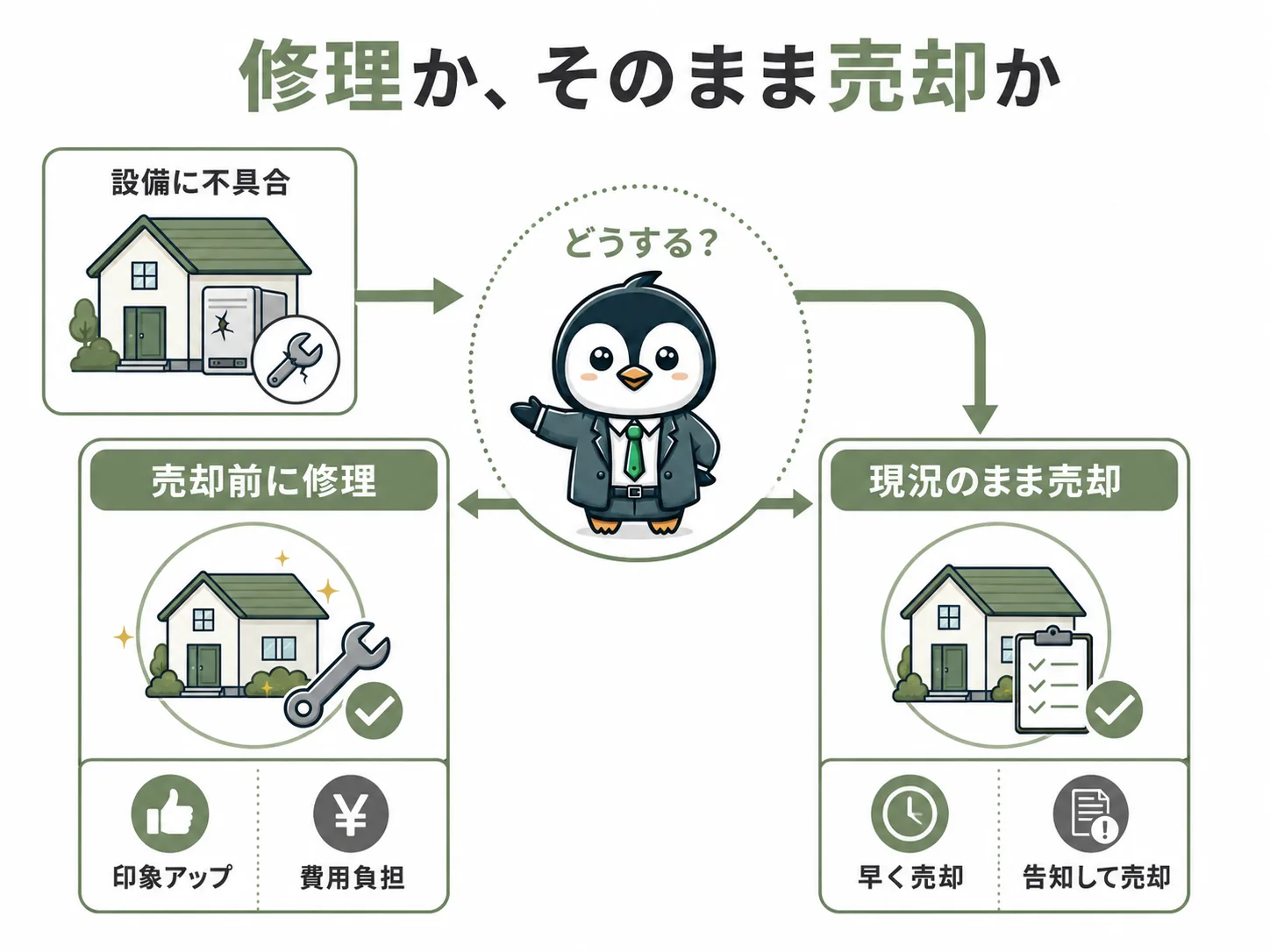 福岡市博多区吉塚の不動産売却における設備故障の対応判断フロー図