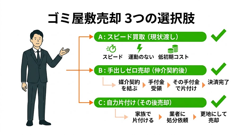 博多区吉塚ゴミ屋敷売却の3つの選択肢フローチャート