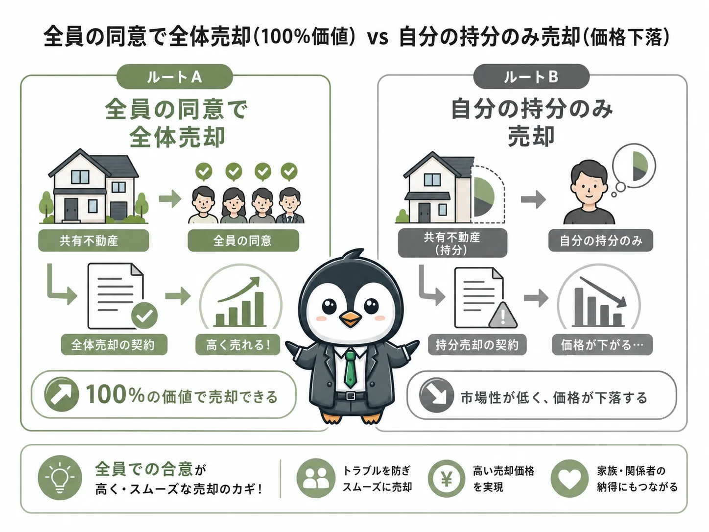 福岡市博多区吉塚の共有名義不動産売却ルートの比較図