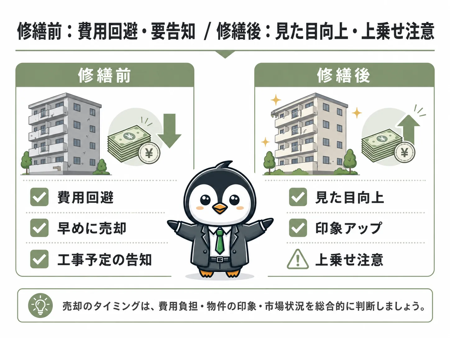 福岡市博多区吉塚のマンション売却における大規模修繕前後のメリットデメリット比較図