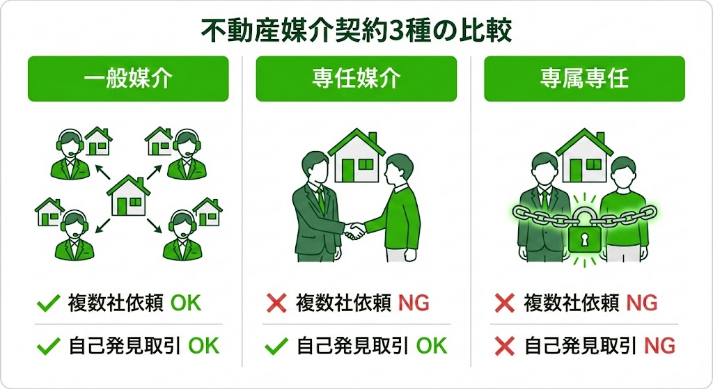 不動産媒介契約3種類（一般・専任・専属専任）の違いが一目でわかる比較表
