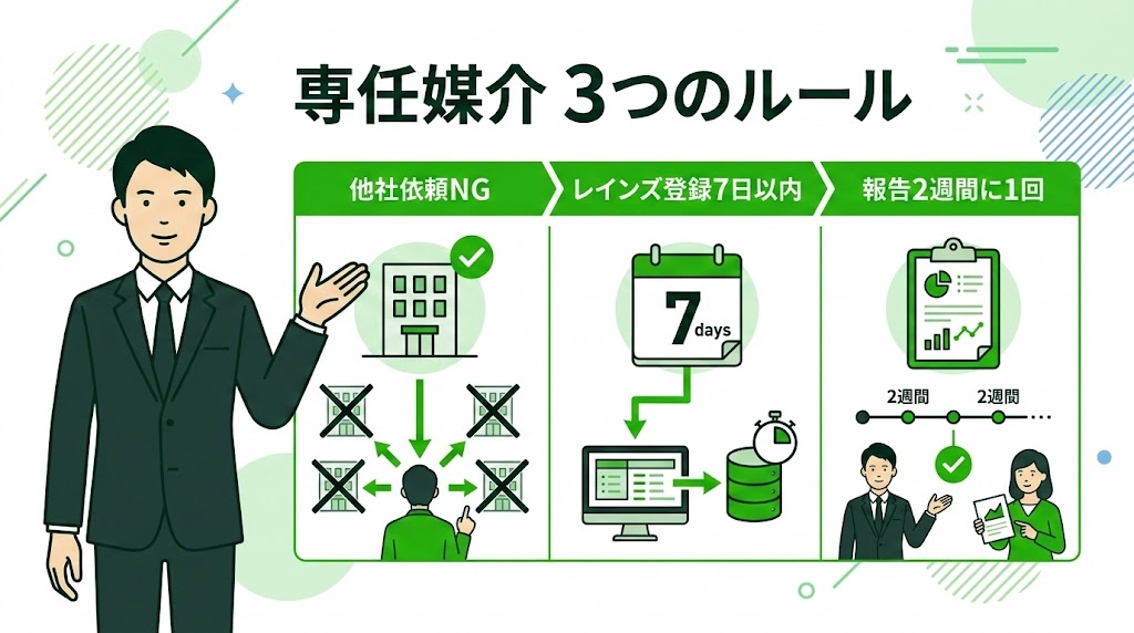 専任媒介契約の3つのルール（1社限定、レインズ登録7日以内、報告2週間に1回）と専属専任との違い