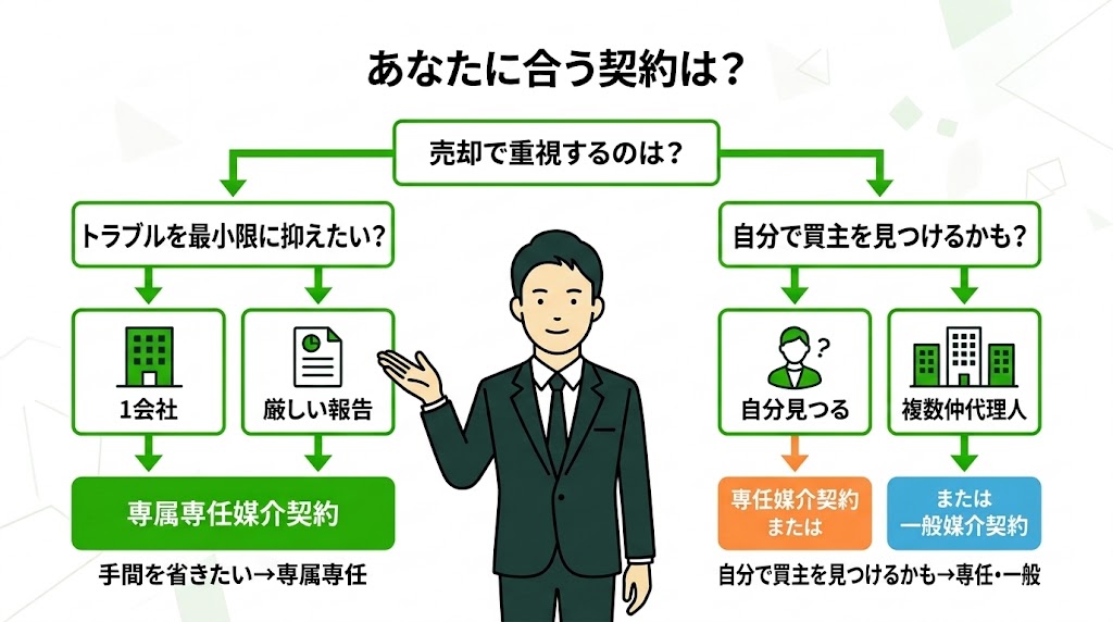 状況や希望に合わせた不動産売却の媒介契約（一般・専任・専属専任）の選び方フローチャート