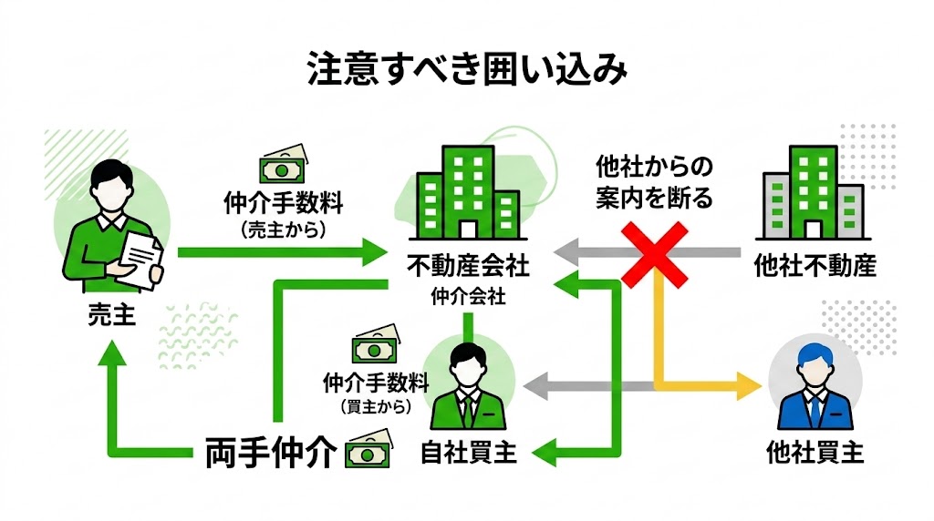 不動産売却における片手仲介と両手仲介の違い、および自社の利益を優先する「囲い込み」の構造図