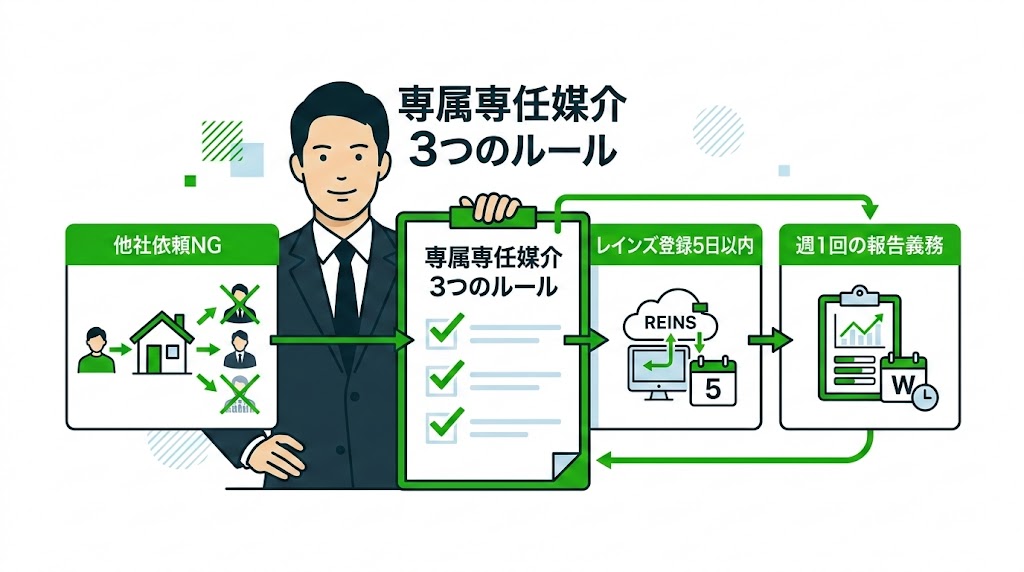 福岡市博多区吉塚の不動産売却における専属専任媒介契約の3つの法的義務（他社依頼禁止、レインズ5日以内登録、週1回以上の報告）
