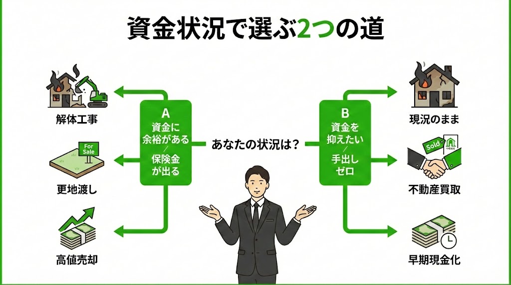 火災物件の売却判断チャート（解体して売却か、現況渡しでの売却か）