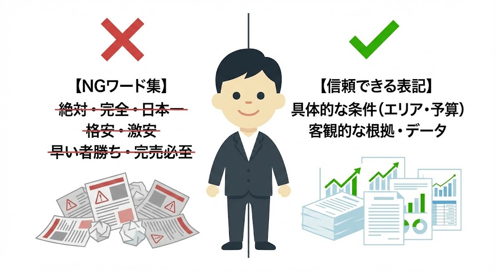 不動産チラシのNGワード一覧（絶対、日本一、格安など）と公正競争規約の解説