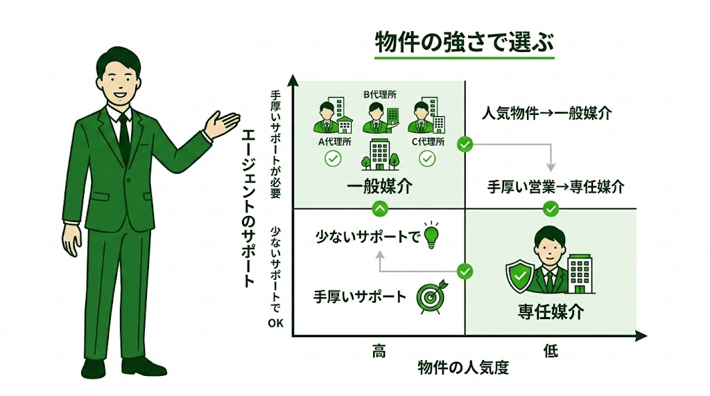 物件の人気度と売主の管理能力に応じた不動産売却契約（一般・専任）の選び方マトリックス