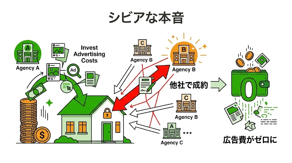 一般媒介契約における不動産会社のタダ働きリスクと、広告費をかけにくい営業マンの心理