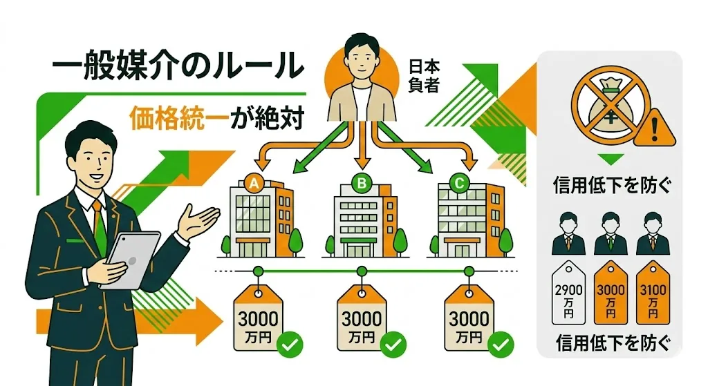不動産売却における一般媒介契約の仕組みと、複数社で売出価格を統一する重要性の図解