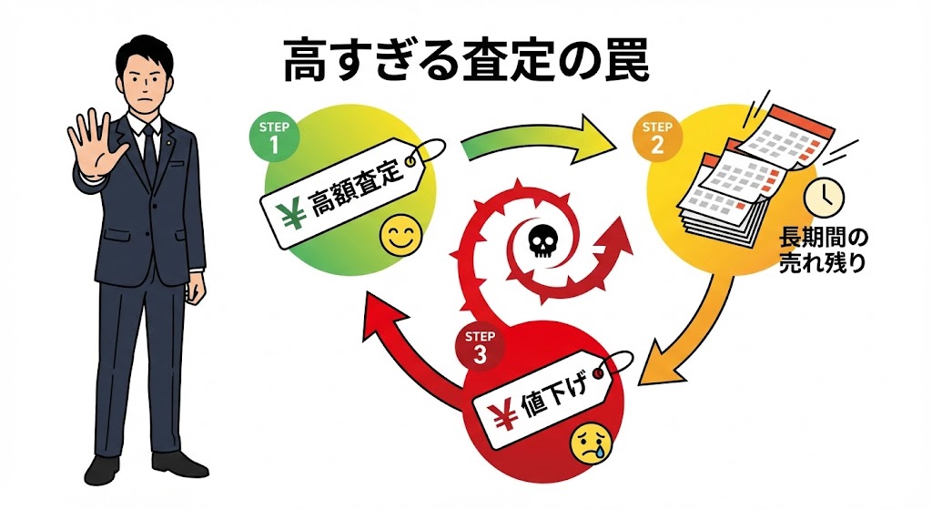 高すぎる査定額から値下げを繰り返して売れ残る失敗パターンの図解