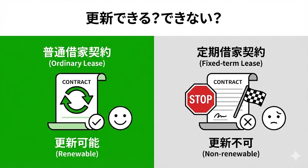 定期借家契約と普通借家契約の更新可否に関する比較図