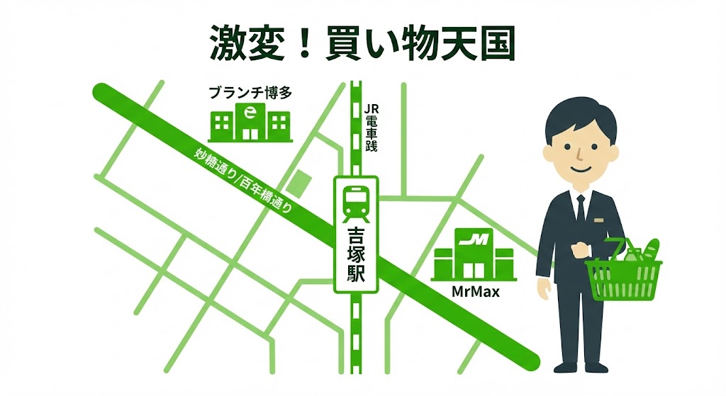 吉塚駅周辺の地図 ブランチ博多パピヨンガーデンとミスターマックスの位置関係
