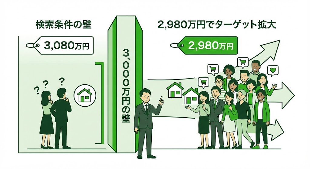 不動産ポータルサイトの価格検索条件とターゲット層の拡大イメージ