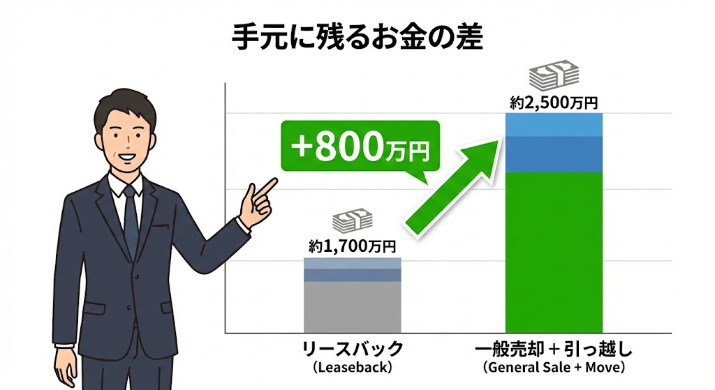 吉塚エリアでのリースバックと一般売却の受取額・家賃比較グラフ