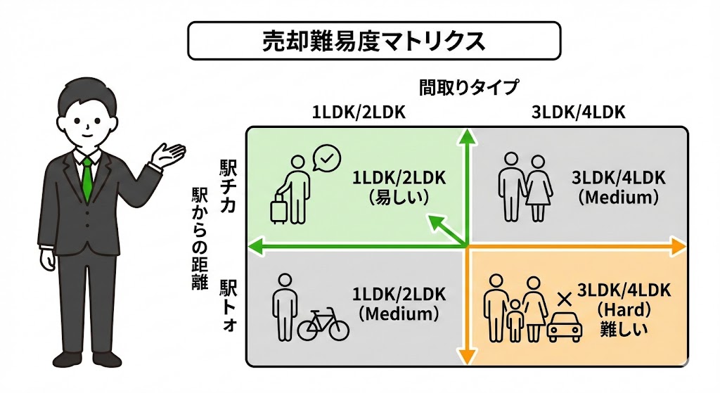 博多区吉塚エリアの間取りと距離による「売却難易度マトリクス」
